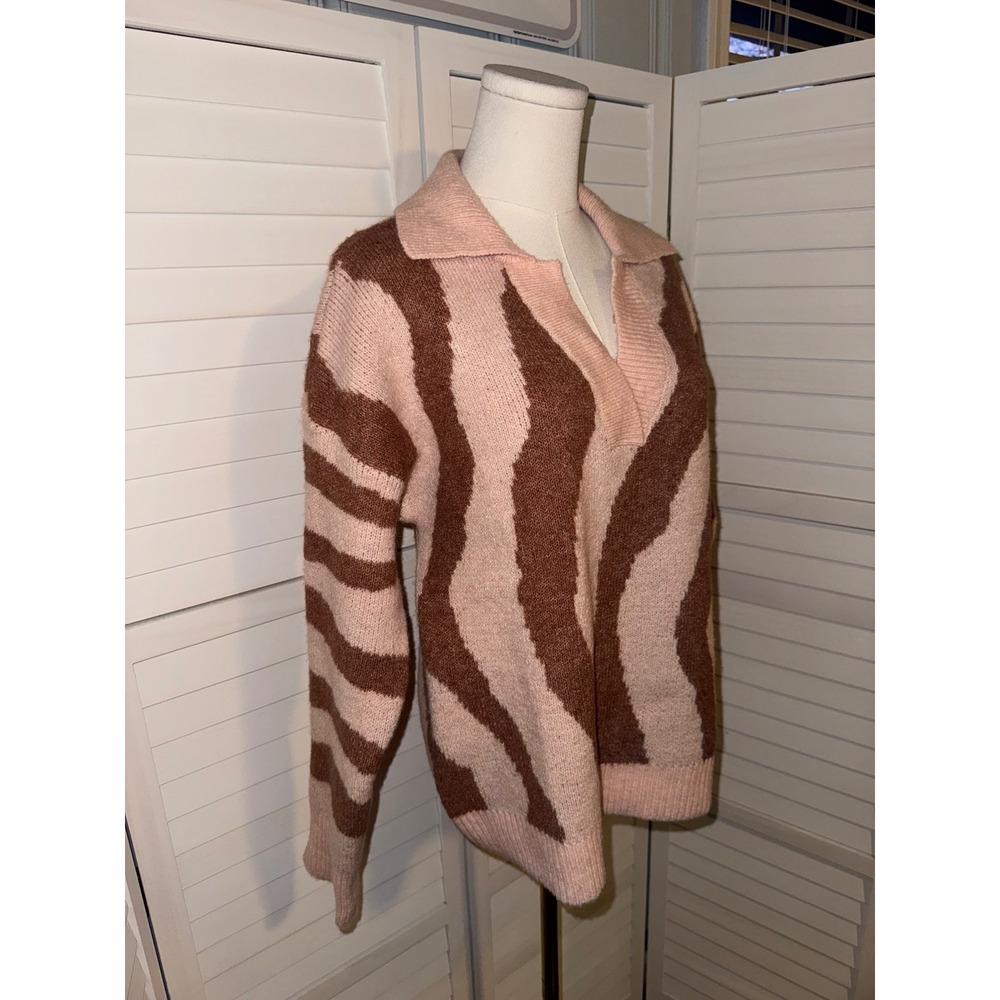 Nine West Womens Striped Collared V Neck Pullover Sweater Pink Brown Size L - Picture 3 of 7